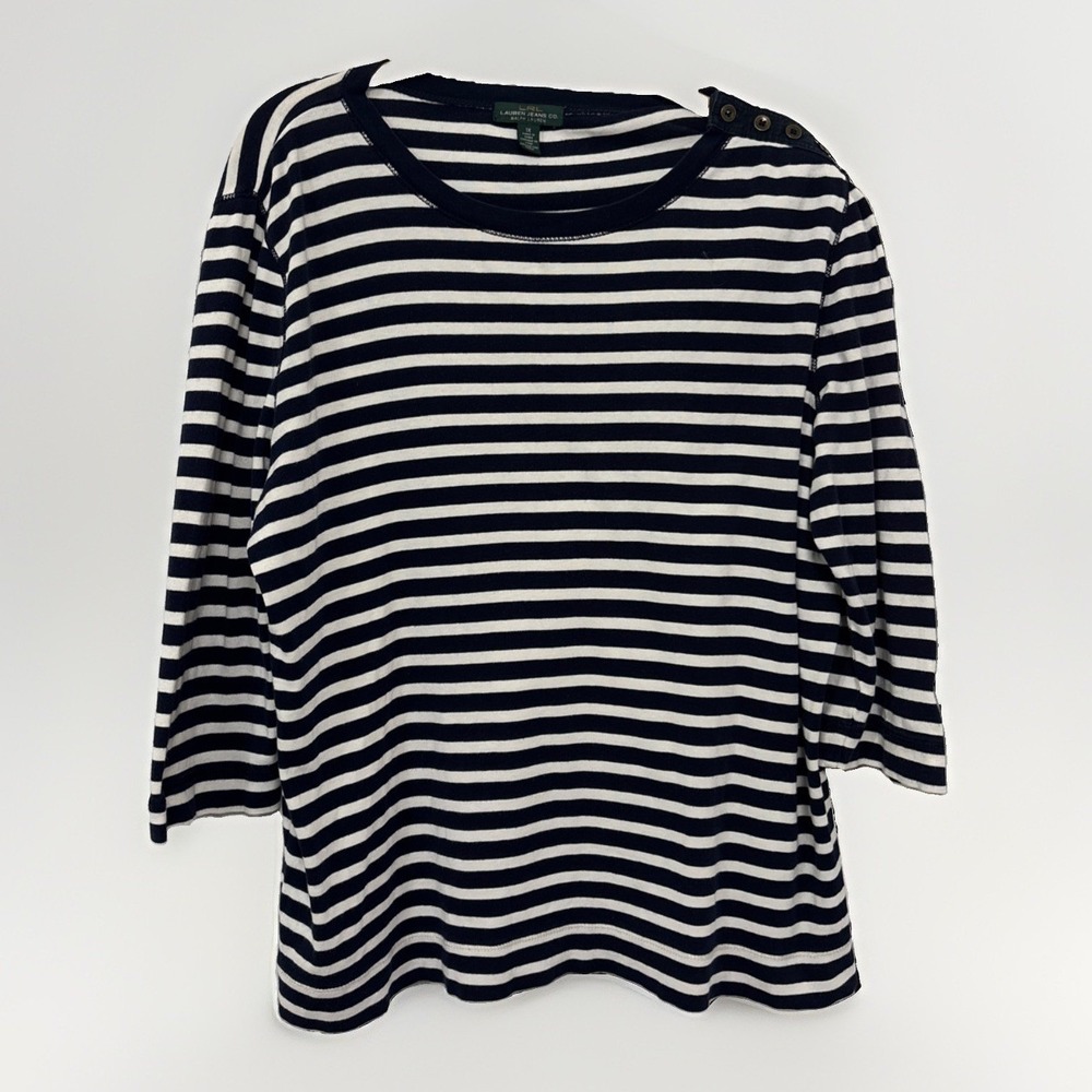 LRL Lauren Jeans Co Striped Top Button Shoulder 3/4 Sleeve 1X Blue White Stripe